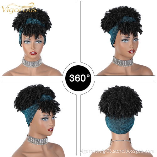 Natural Wholesale Vendor Blue Scarf Afro Hair Bun Ponytail Kinky Fluffy With Bangs For Black Women Synthetic Headband Wigs